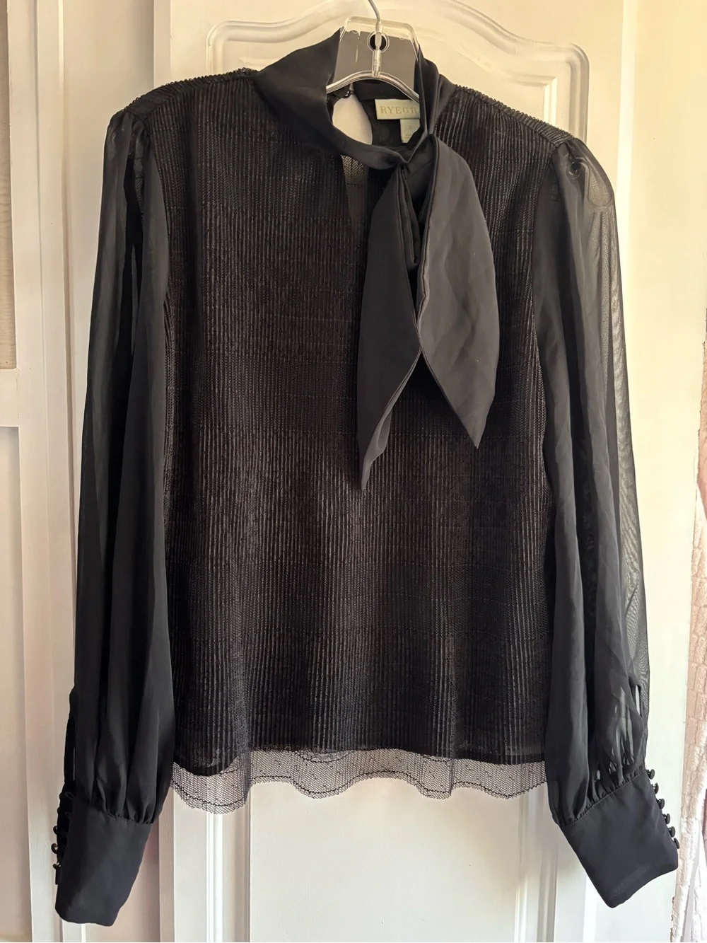 Grace Black Sheer Tie-Neck Blouse with Textured Bodice